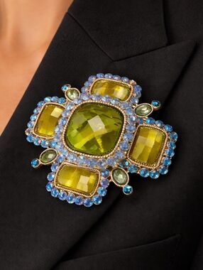 Gold Blue Rhinestone Statement Brooch Large Green Glass Cabochon Pin Glam Gift